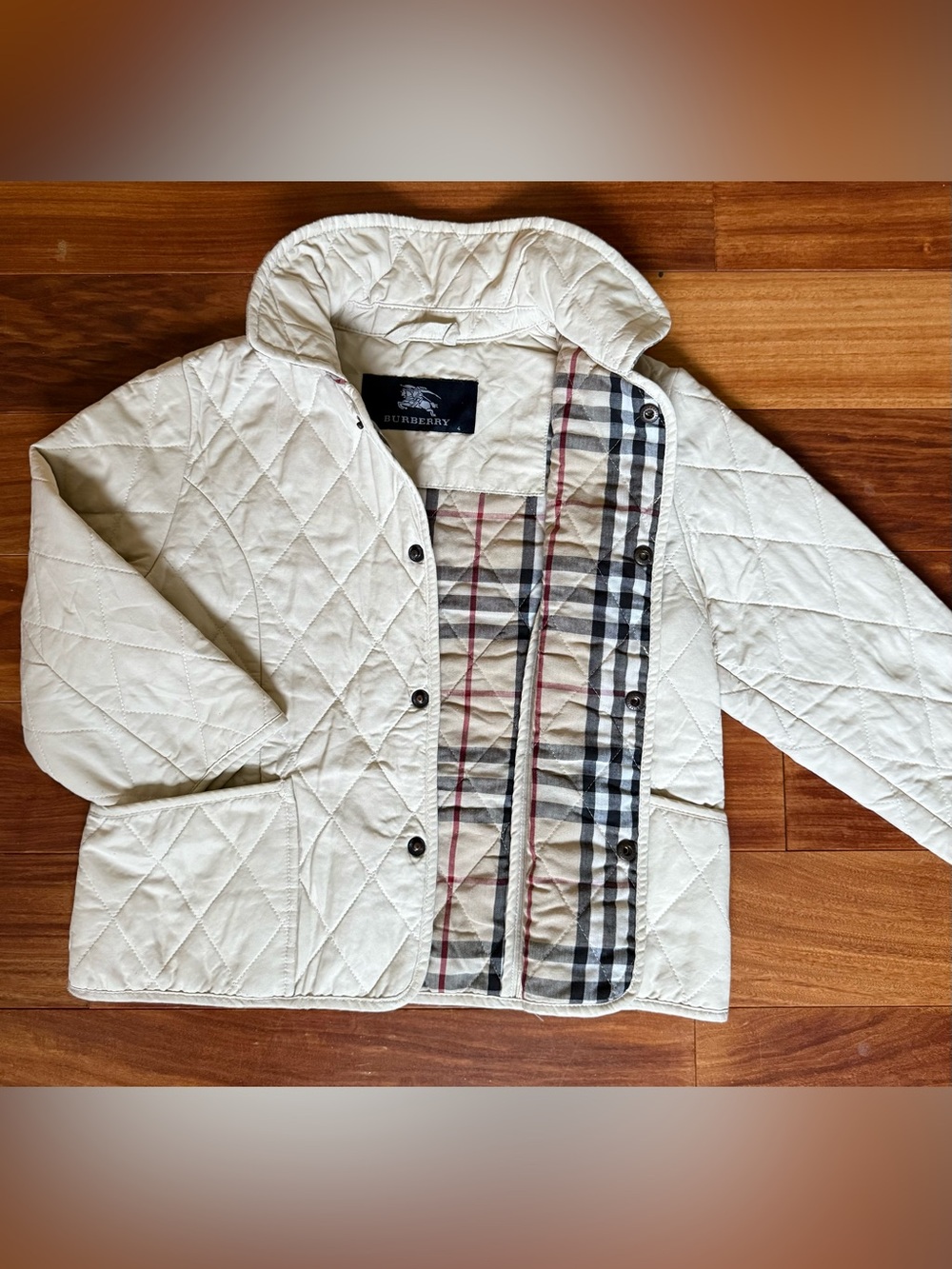 Burberry Cream Quilted Kids Puffer Jacket with Nova Check Lining